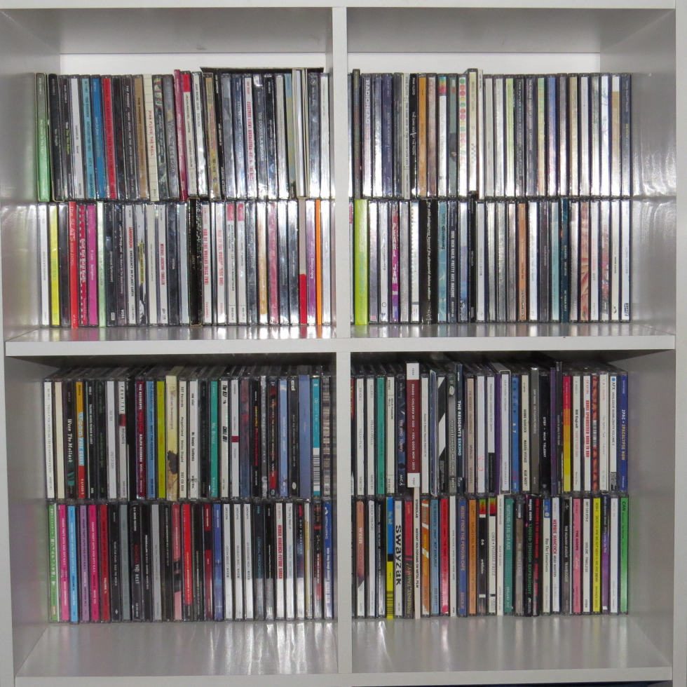 A shelf holding several Compact Discs.