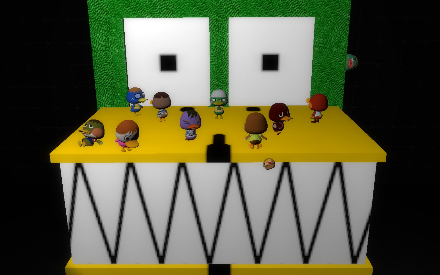 A computer generated 3D image of the duck seen in the first image, with several smaller ducks standing on it's bill and reacting in various different ways.