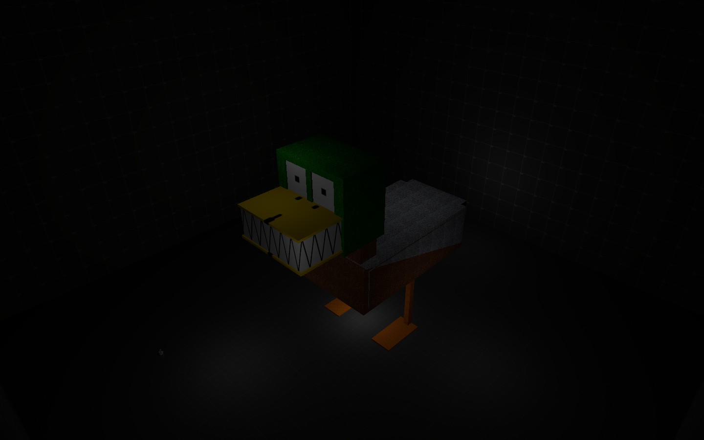 A computer generated 3D image of a blocky looking milard duck surrounded by darkness.