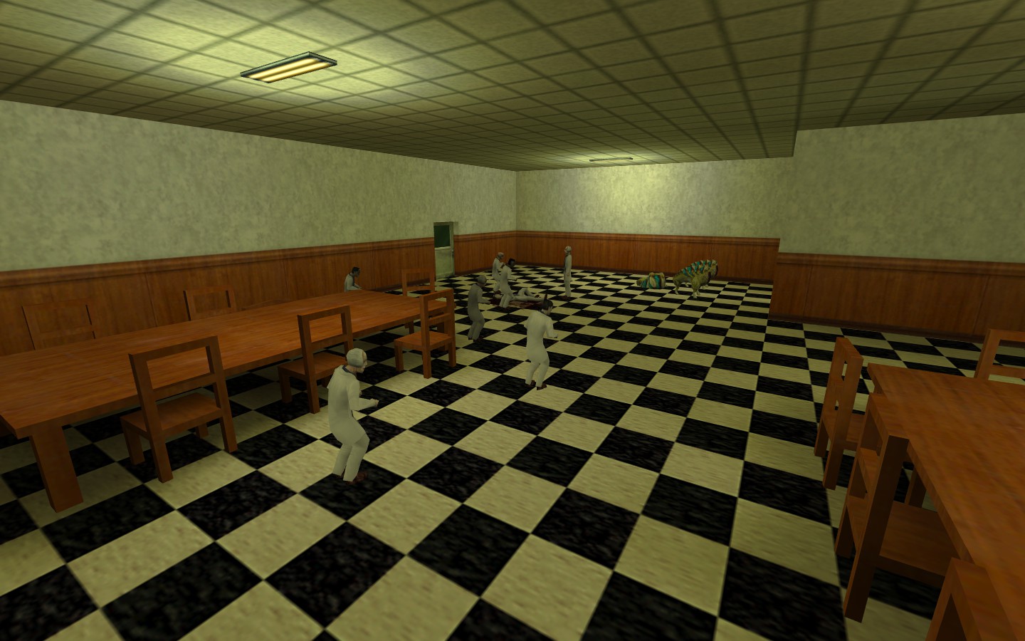 A Half-Life map with verious scientists cowering at the sight of three houd-eyes.